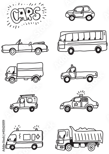 Cartoon cars hand drawn vector doodles