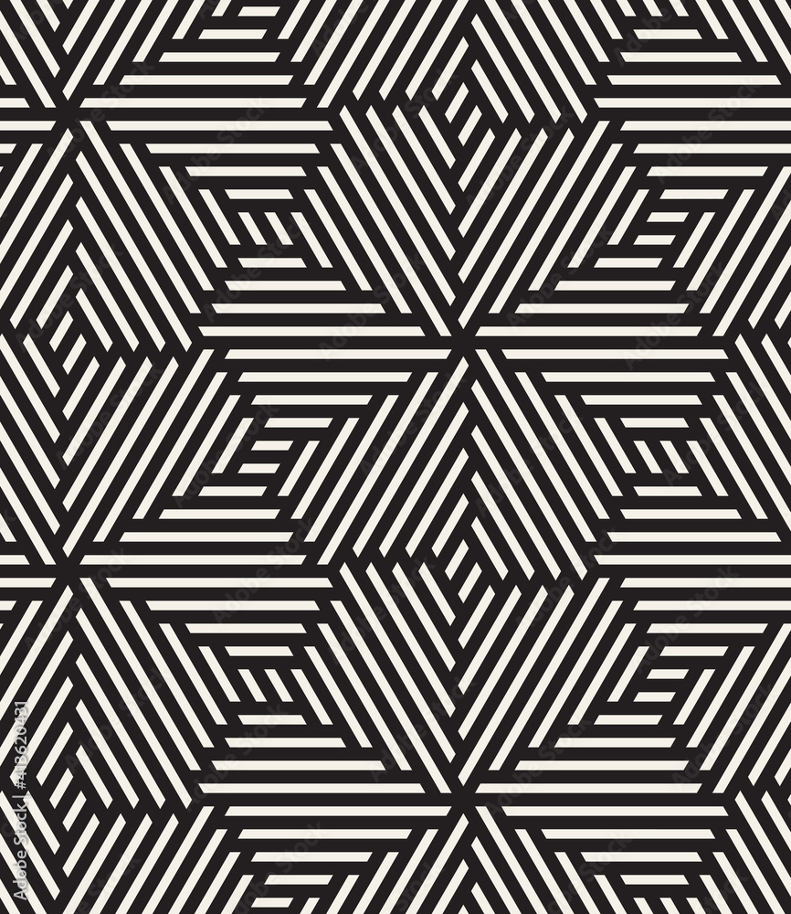 Vector seamless pattern. Modern stylish texture. Repeating geometric tiles. Linear grid with striped rhombuses which form hexagonal stars.