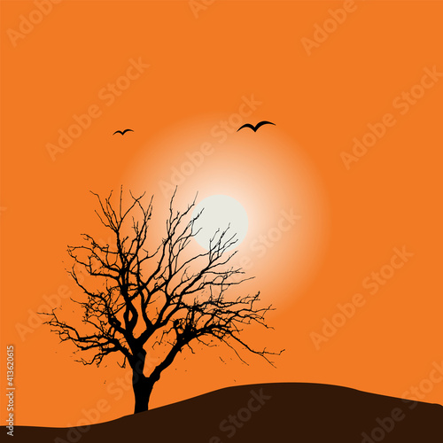 Fototapeta Naklejka Na Ścianę i Meble -  lonely tree and birds at sunset