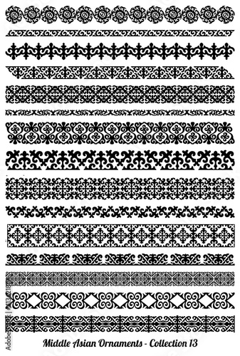 Set of 15 floral and geometric vector borders, dividers and frames of Kazakh national Islamic ornament