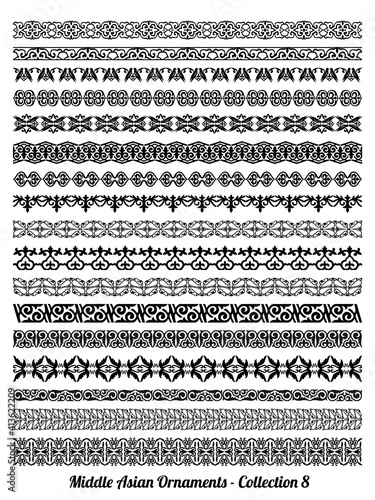 Set of 17 vector borders, dividers and frames of Kazakh, Uzbek, Mongolian Middle asian national Islamic ornaments, black and whute, isolated, on white background.
