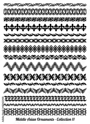 Set of 15 vector repeatable borders, dividers and frames of Kazakh, Kyrgiz and Uzbek national Muslim Islamic ornament in black and white colors.