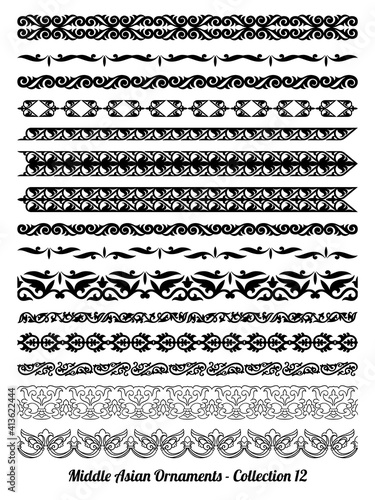 Set of 15 vector repeatable borders, dividers and frames of Kazakh, Kyrgiz and Uzbek national Muslim Islamic ornament in black and white colors.