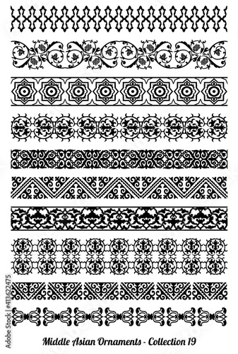 Set of 15 vector repeatable borders, dividers and frames of Kazakh, Kyrgiz and Uzbek national Muslim Islamic ornament in black and white colors.