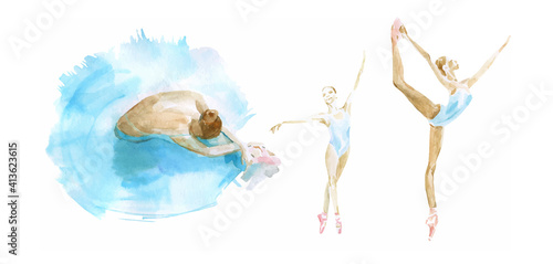 Set of dancing ballerinas silhouette watercolor illustration, vector template. Traditional dance performance. Female dancer ballerina in different poses, tiptoe, Russian classical ballet, white swan.