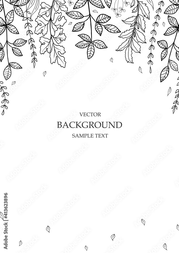 Obraz premium Floral vector template with leaves, plants for greeting card. Silhouette of abstract natural elements. Silhouette of plant. Print for holiday poster, background, cover, banner, invitation, postcard. 