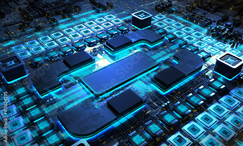 Closeup of a computer processor (CPU/GPU) on  
electronic circuit motherboard with other components. 3D Illustration of futuristic technology.