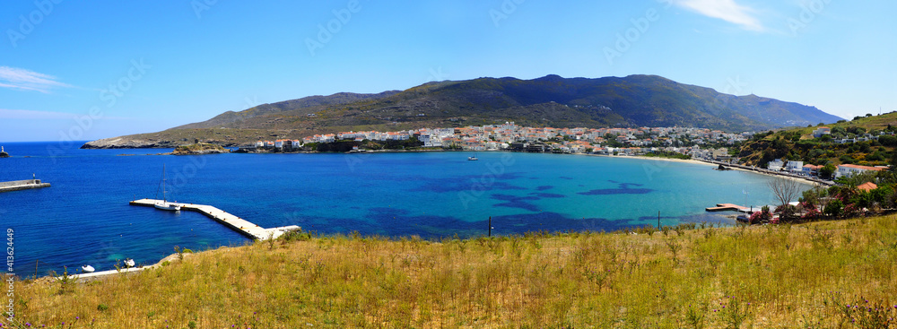 Panoramic view of Nemporio beach in the old town of Chora in Andros, famous Cycladic island in the heart of the Aegean Sea Panoramic view of Nemporio beach in the old town of Chora in Andros, famous Cycladic island in the heart of the Aegean Sea