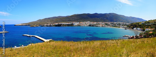 Panoramic view of Nemporio beach in the old town of Chora in Andros, famous Cycladic island in the heart of the Aegean Sea © Mariedofra