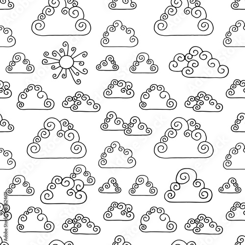 Cute pattern of clouds and sun. Drawn in the Doodle style. Background for textiles  cards  covers and postters. Vector EPS 10