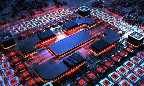 Closeup of a computer processor (CPU/GPU) on  
electronic circuit motherboard with other components. 3D Illustration of futuristic technology.