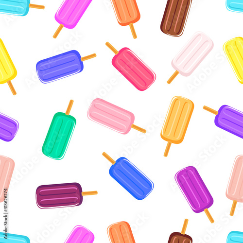 Multicolored fruit popsicle ice cream . Seamless pattern on white background. Texture for fabric, wrapping, wallpaper. Decorative print.