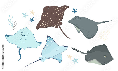 Set of cartoon stingrays illustration