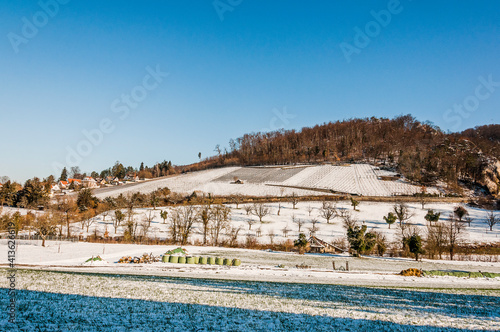 Arlesheim, Weinberg, Weinrebe, Weinbauer, Ermitage, Dorf,  Schloss Birseck, Landwirtschaft, Baselland, Winter, Schnee, Wintertag, Wintersonne, Schweiz photo