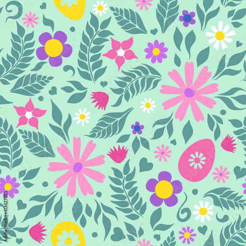 Easter eggs  leaves and flowers  spring background. Seamless pattern. Pattern for fabric  wrapping  wallpaper. Decorative print.