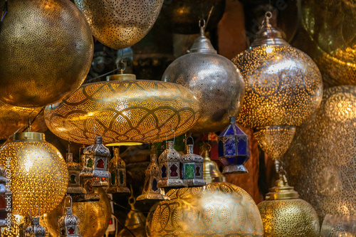 Goods on display for sale in the souks of Marrakech Morocco.