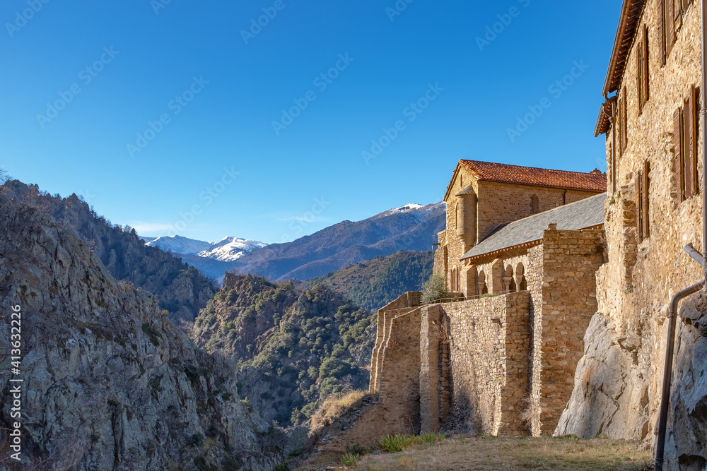 View on the Pyrenean mountains from the Abbey of Saint-Martin-du-Canigou