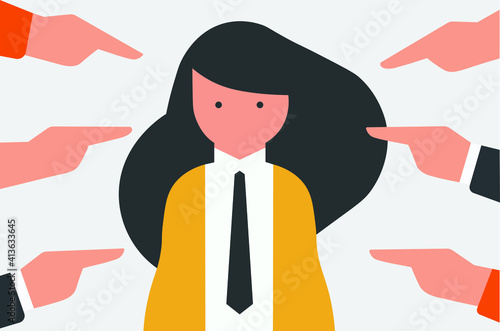 me too. everything is against me.  poke your fingers.
Sad woman surrounded by hands fingers pointing to her. Publicly condemn, society pressure. Flat vector cartoon illustration concept.