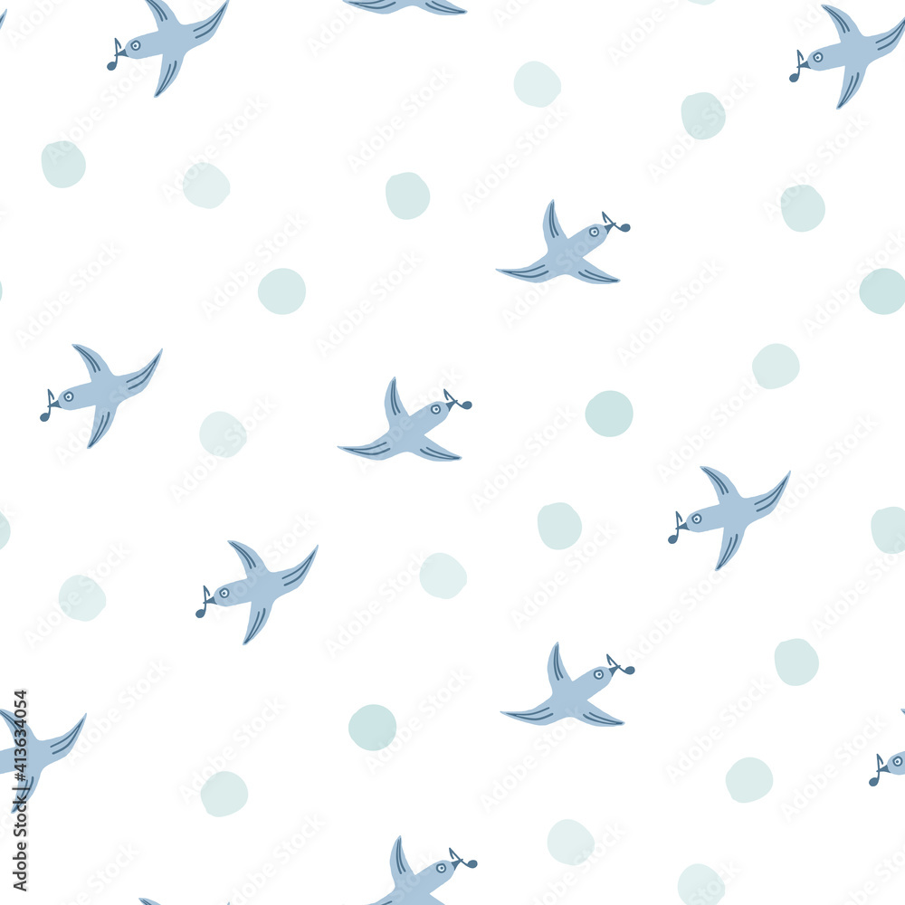 Spring bird seamless pattern with musical notes. Seamless white background with blue birds, circles, spots, dots. Hand drawn vector design, simple illustration for fabric, textile, wrapping, packaging