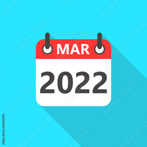 March 2022 Calendar Flat Style Icon Long Shadow. March 2022 Business Calendar Planner Flat Vector Icon. Vector Illustration