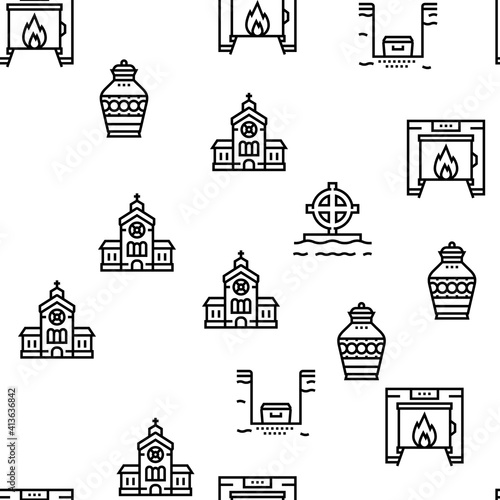 Funeral Burial Service Vector Seamless Pattern Thin Line Illustration