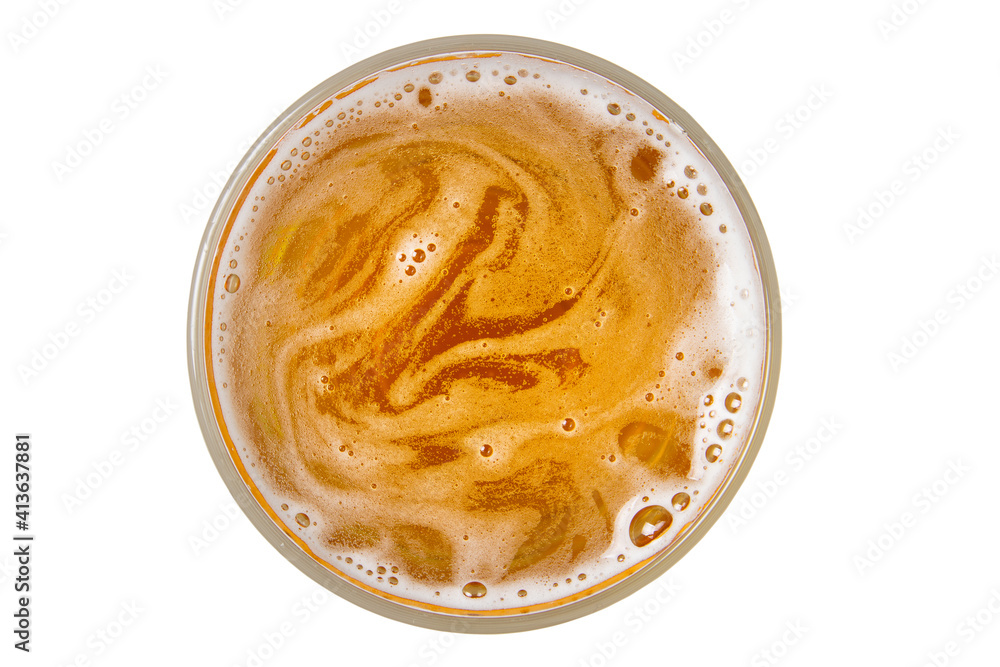 Beer in glass. Beer foam with bubble. View from above. Beer in glass. Beer foam with bubble. View from above.