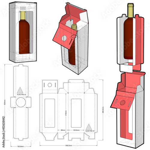 Packaging for one bottle of wine and Die-cut Pattern. The .eps file is full scale and fully functional. Prepared for real cardboard production.