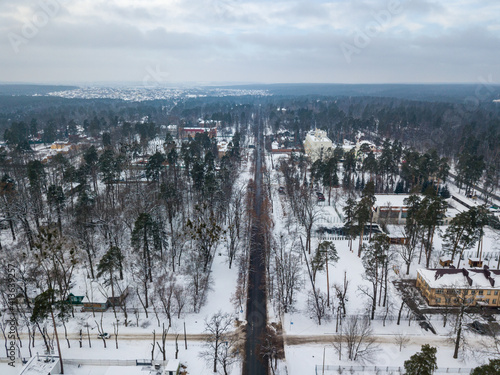 Snow-covered houses in a pine forest. Aerial drone view. Winter snowy morning.