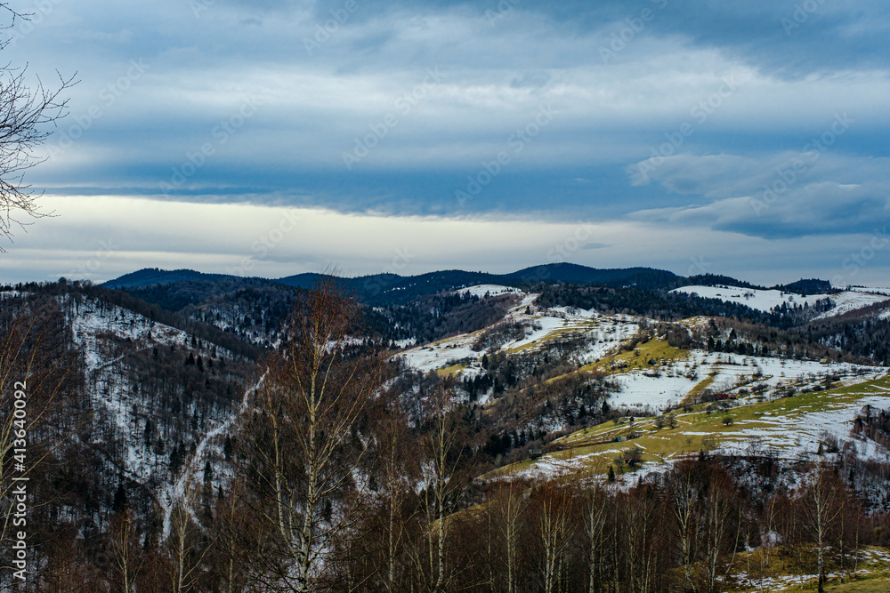 beautiful winter landscapes in the Romanian mountains, Fantanele village area, Sibiu county, Cindrel mountains, Romania