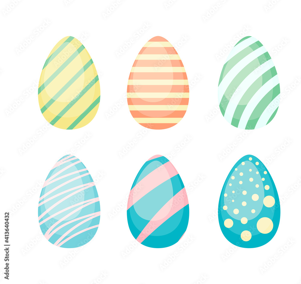 Happy Easter. Set of Easter eggs with different ornament texture on a white background. Spring holiday. Vector Illustration. Happy easter eggs