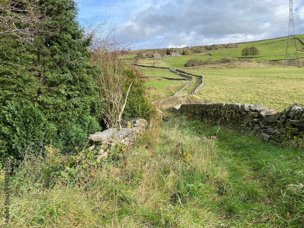 Old road, with dry stone walls, and overgrown with grass, crossing