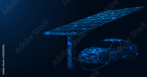 The electric car is charged from a solar gas station. Polygonal construction. Blue background.
