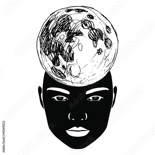 Female face with full moon on top of her head. Creative concept for nature and imagination. Female lunar archetype. Black and white silhouette.