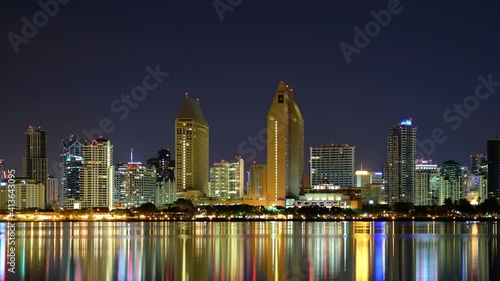 San Diego Night Skyline Reflections on Coronado Bay California USA Time Lapse Pan Right photo