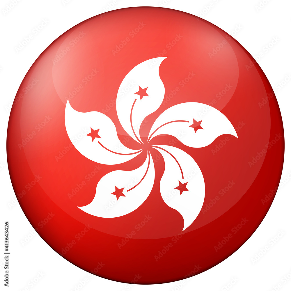 Obraz premium Glass light ball with flag of Hong Kong. Round sphere, template icon. National symbol. Glossy realistic ball, 3D abstract vector illustration highlighted on a white background. Big bubble.