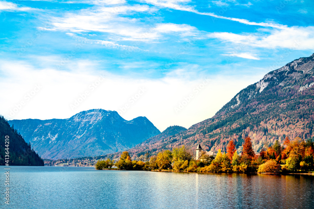Travel Beautiful village Mountains landscape amazing autumn - obrazy, fototapety, plakaty 