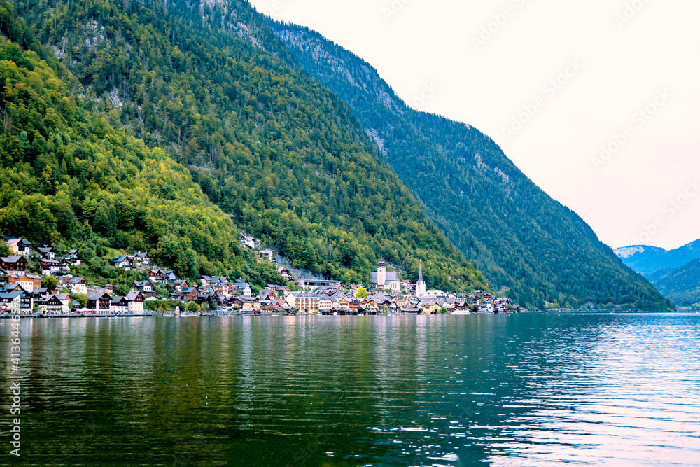 A picturesque town on the shore of a mountain lake. tourist