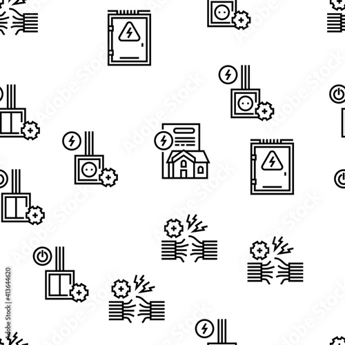 Electrical Installation Tool Icons Set Vector. Socket And Substation Automation Box Installation, Wall Chipping And Drilling For Wiring Black Contour Illustrations