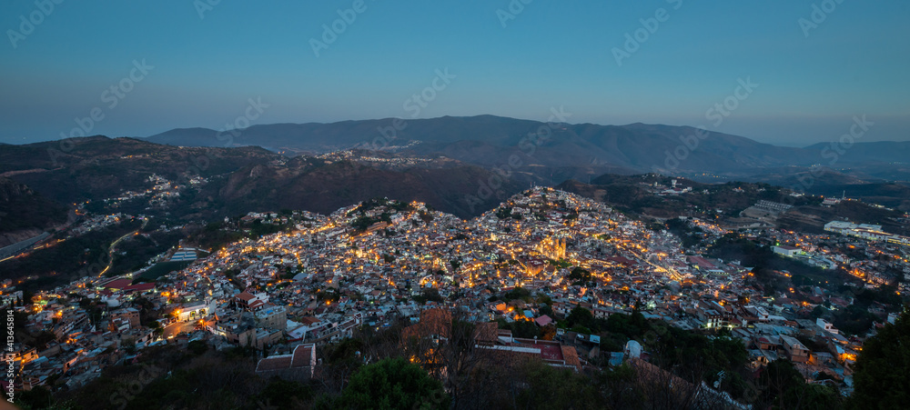 Landscape of Taxco, Guerrero, Mexico seen from the viewpoint, its streets, cathedral, houses as well as its mountains can be appreciated 
