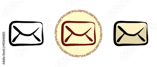 This is a set of icons with different styles of mail envelope. Outline, colors and retro symbols of the mail envelope. Freehand drawing, doodles. Stylish solution for website and label.
