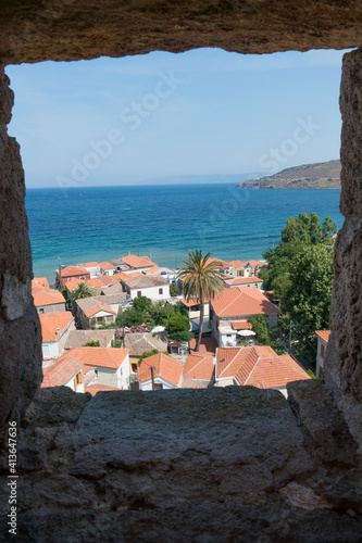 Panorama of Petra on Lesbos Greece through a window on the tower