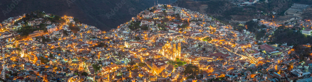 Panoramic landscape of Taxco, Guerrero, Mexico, made from 5 photographs, from the viewpoint, you can see its streets, cathedral, houses as well as its mountains 