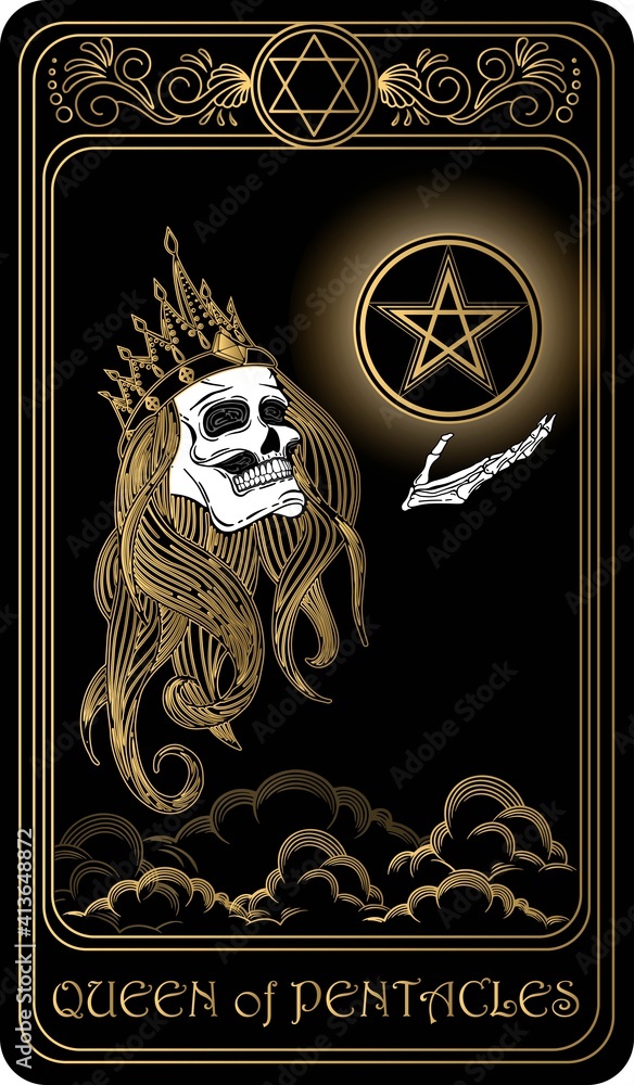 Queen of Pentacles. Card of Minor arcana black and gold tarot cards. Tarot  deck. Vector hand drawn illustration with skull, occult, mystical and  esoteric symbols. vector de Stock | Adobe Stock