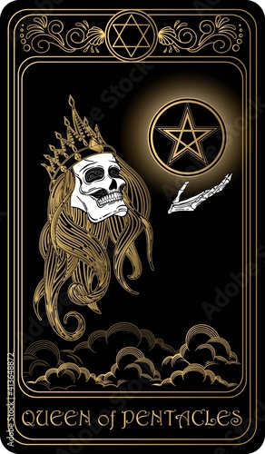 Queen of Pentacles. Card of Minor arcana black and gold tarot cards. Tarot deck. Vector hand drawn illustration with skull, occult, mystical and esoteric symbols.