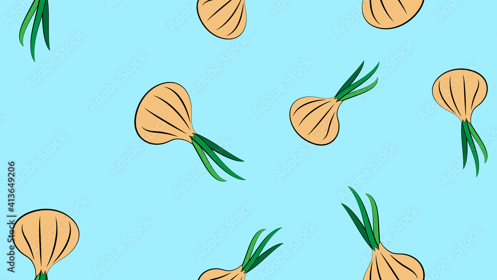 seamless pattern with hand drawn white onion bulbs and spring onions. Beautiful food design elements, green vegetables illustration. Perfect for prints and patterns