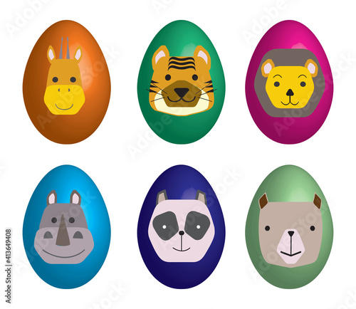 Set of multi-colored Easter eggs with images of wild animals