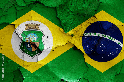 flags of Ceara state and Brazil painted on cracked wall