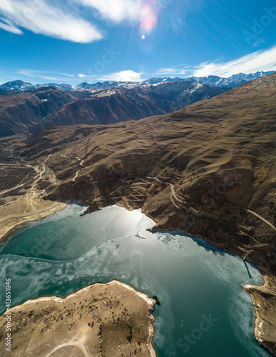 Mountain lake in a picturesque gorge. Shooting from a quadrocopter of the landscape and nature of the North Caucasus
