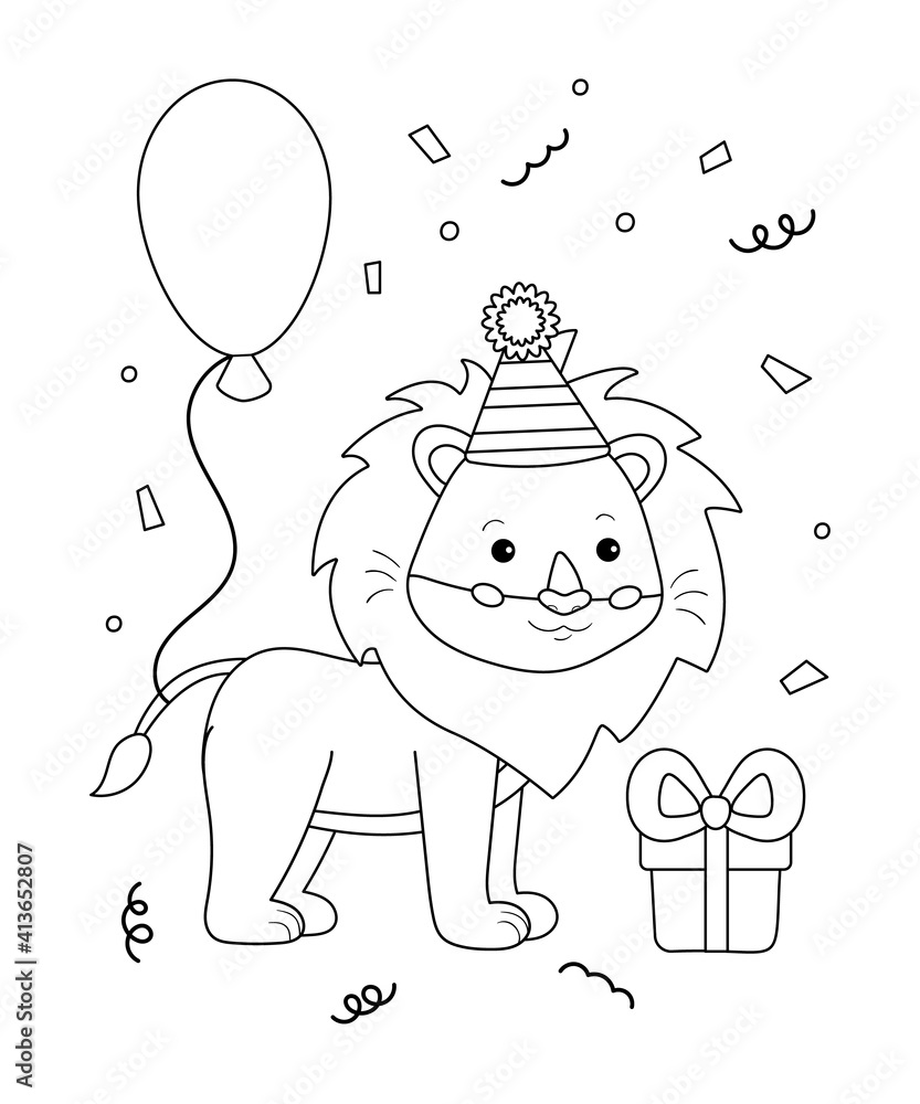 Cute happy birthday coloring page for kids. Funny cartoon lion with ...