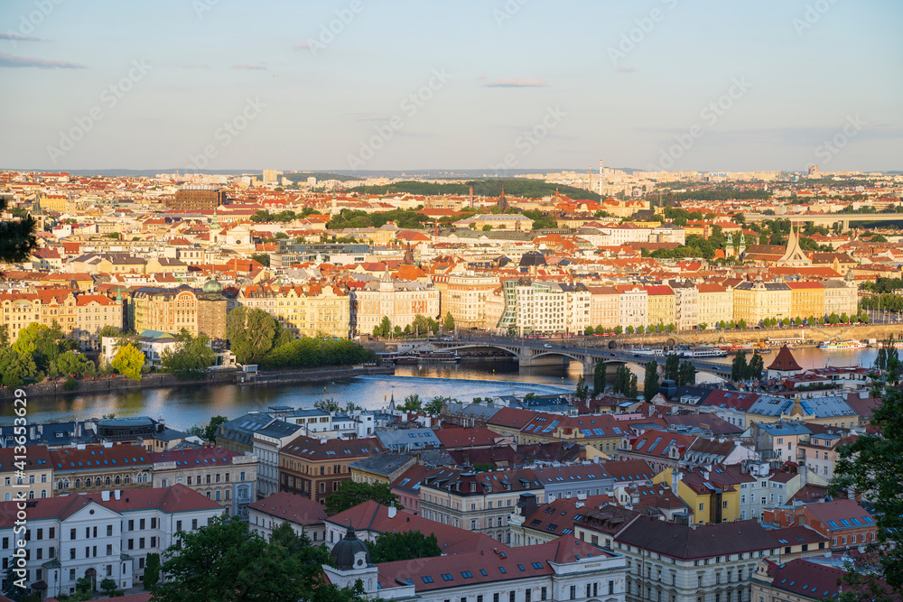 Prague from a height in spring at sunset, Czech Republic